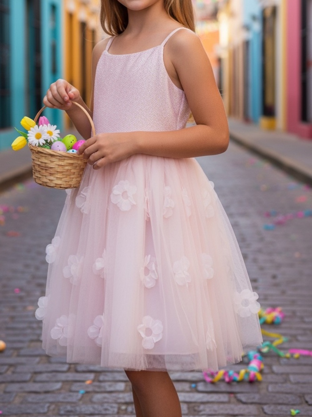 Zenie:Girls' Light Pink Floral Tulle Party Dress